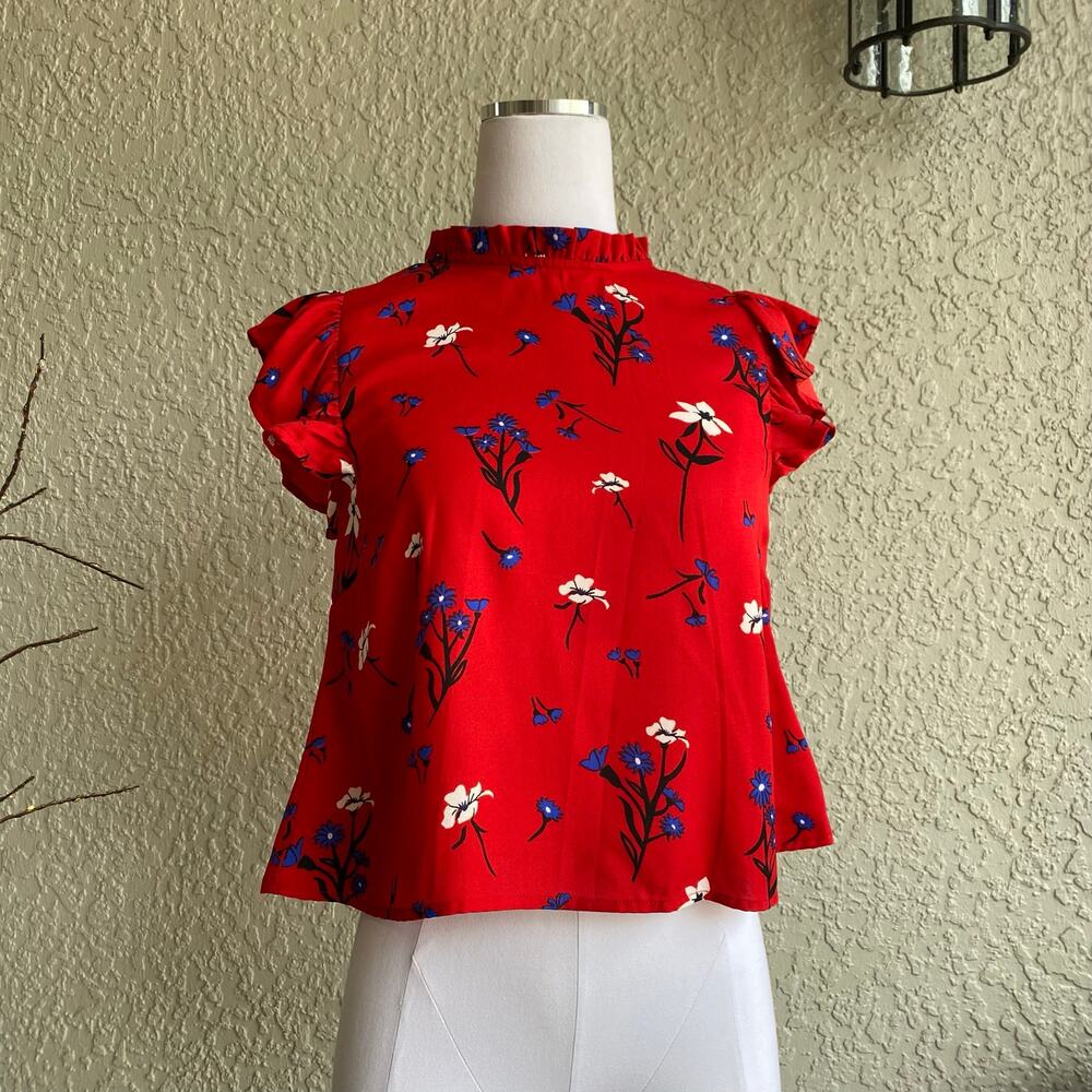 True Destiny Flutter Sleeve Blouse Red Medium Floral Keyhole Back Boho